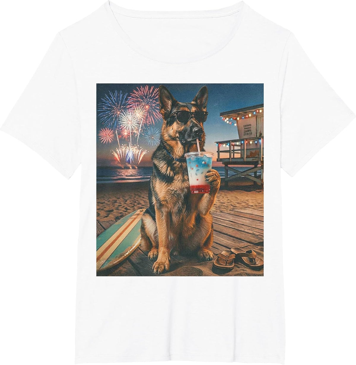 Funny German Shepherd Patriotic Beach Fireworks Dog Art T-Shirt - White