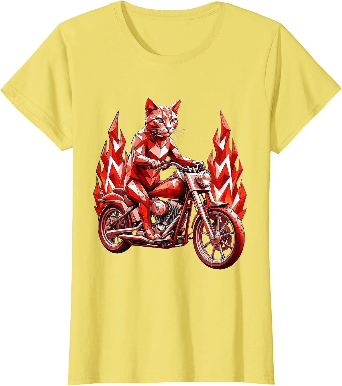 Cat Riding Chopper Motorcycle Through Flames T-Shirt - Lemon Yellow