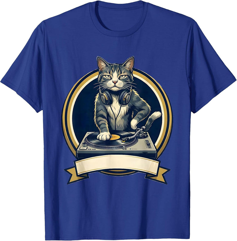 DJ Cat Headphones Funny Music Lover Novelty T-Shirt - Royal Blue