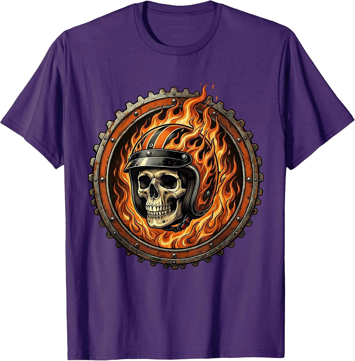 Skull Motorcycle Helmet Flames Graphic Tee T-Shirt - Purple