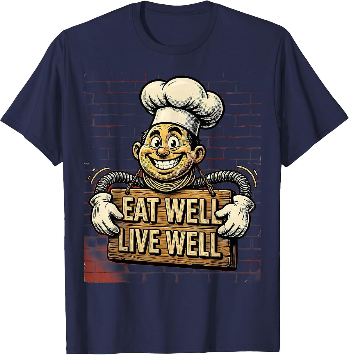 Men's Eat Well Live Well Chef Culinary Design T-Shirt - Navy Blue