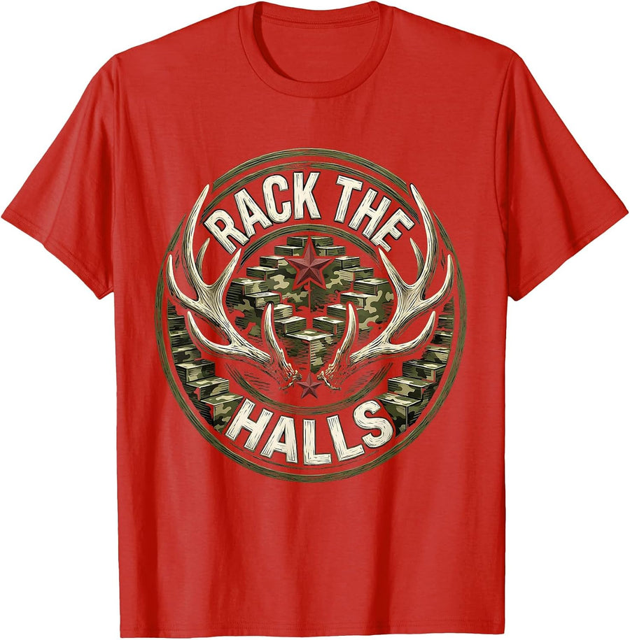 Men's Rack the Halls Woodcut Engraving Funny Camo Deer Hunting T-Shirt - Red