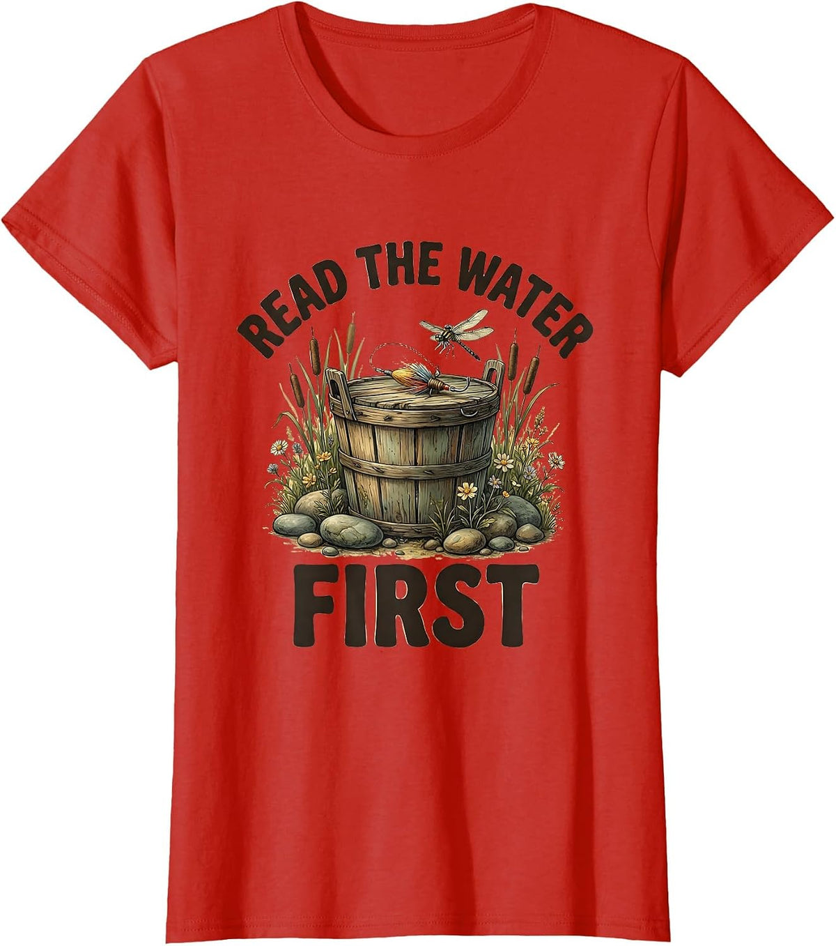 Read the Water First Fly Fishing Design T-Shirt - Red