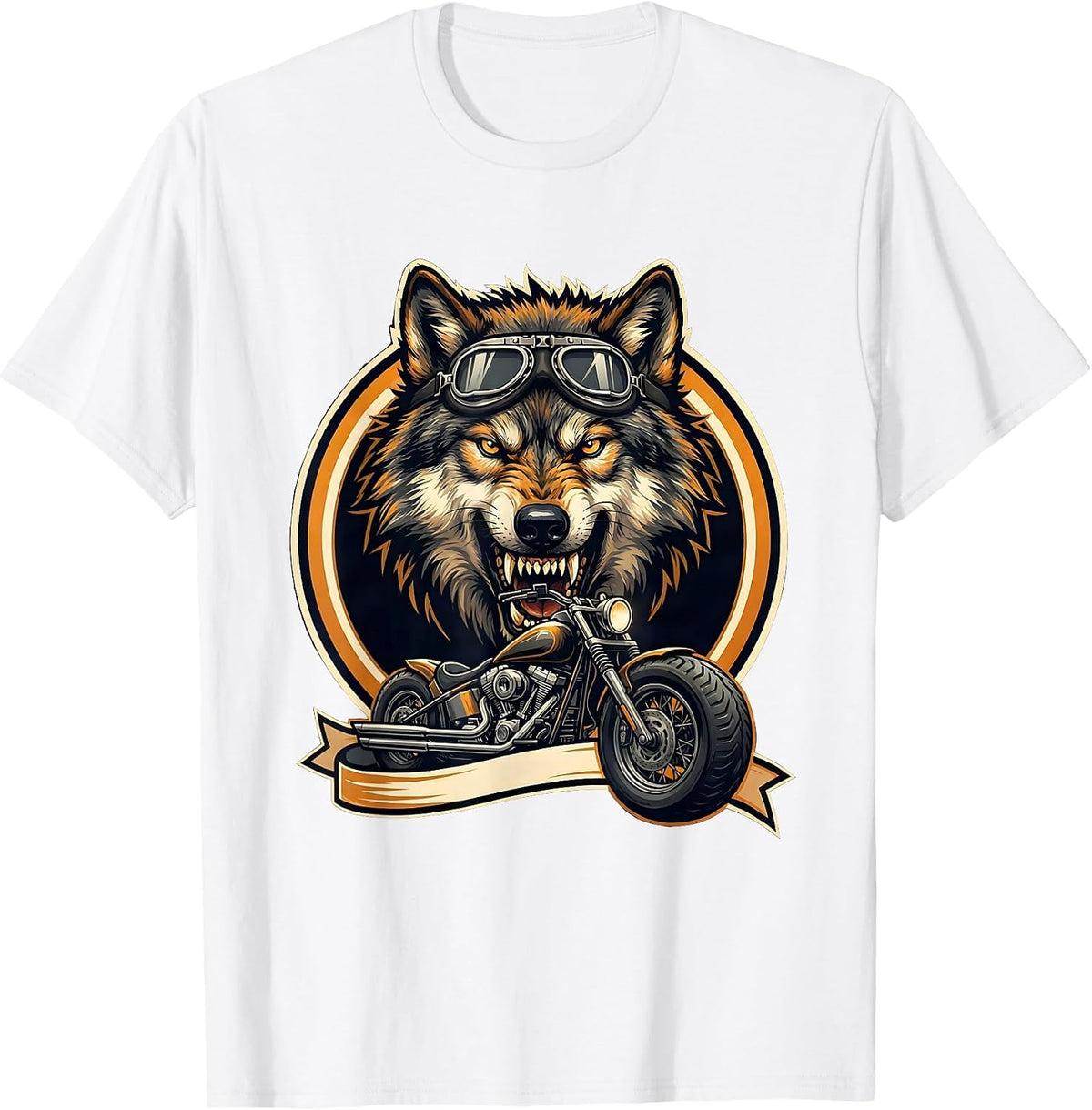 Men's Wolf Aviator Biker Graphic Tee Motorcycle Design T-Shirt - White