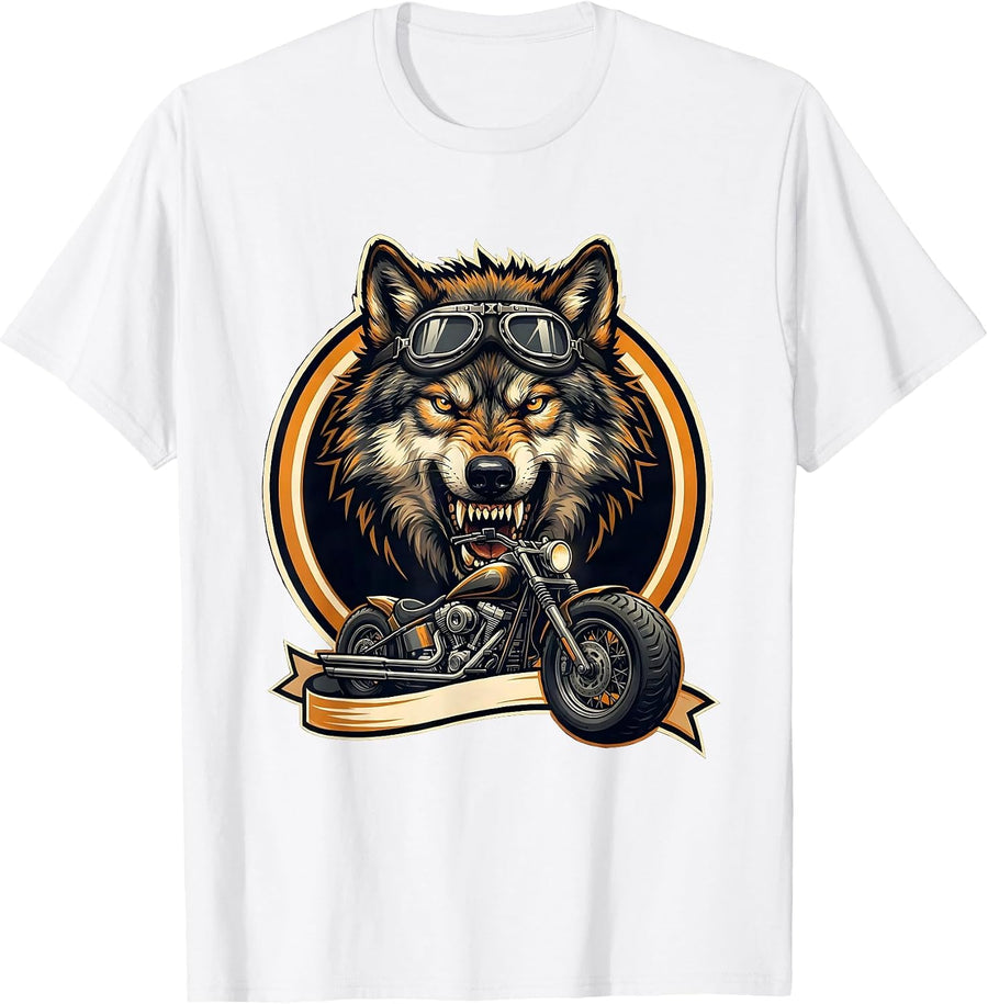 Men's Wolf Aviator Biker Graphic Tee Motorcycle Design T-Shirt - White
