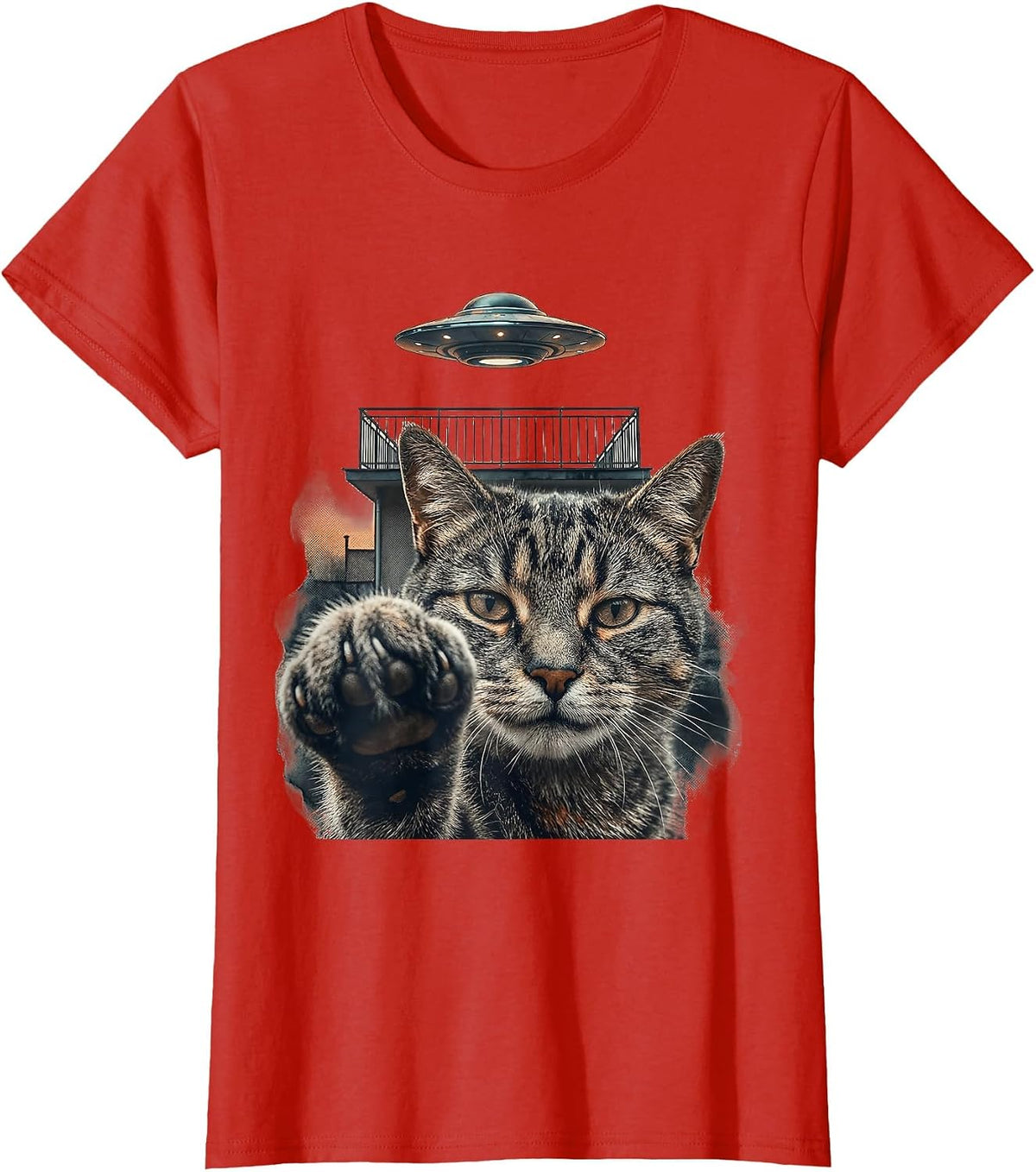 Women's Cat UFO Alien Selfie Funny Cat Owner Meme Gift T-Shirt - Red