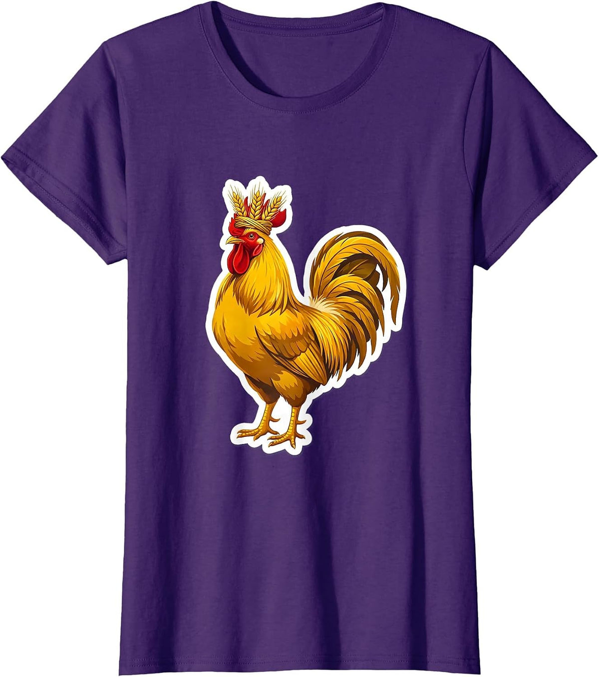 Regal Rooster Wheat Crown Illustration T-Shirt - Purple