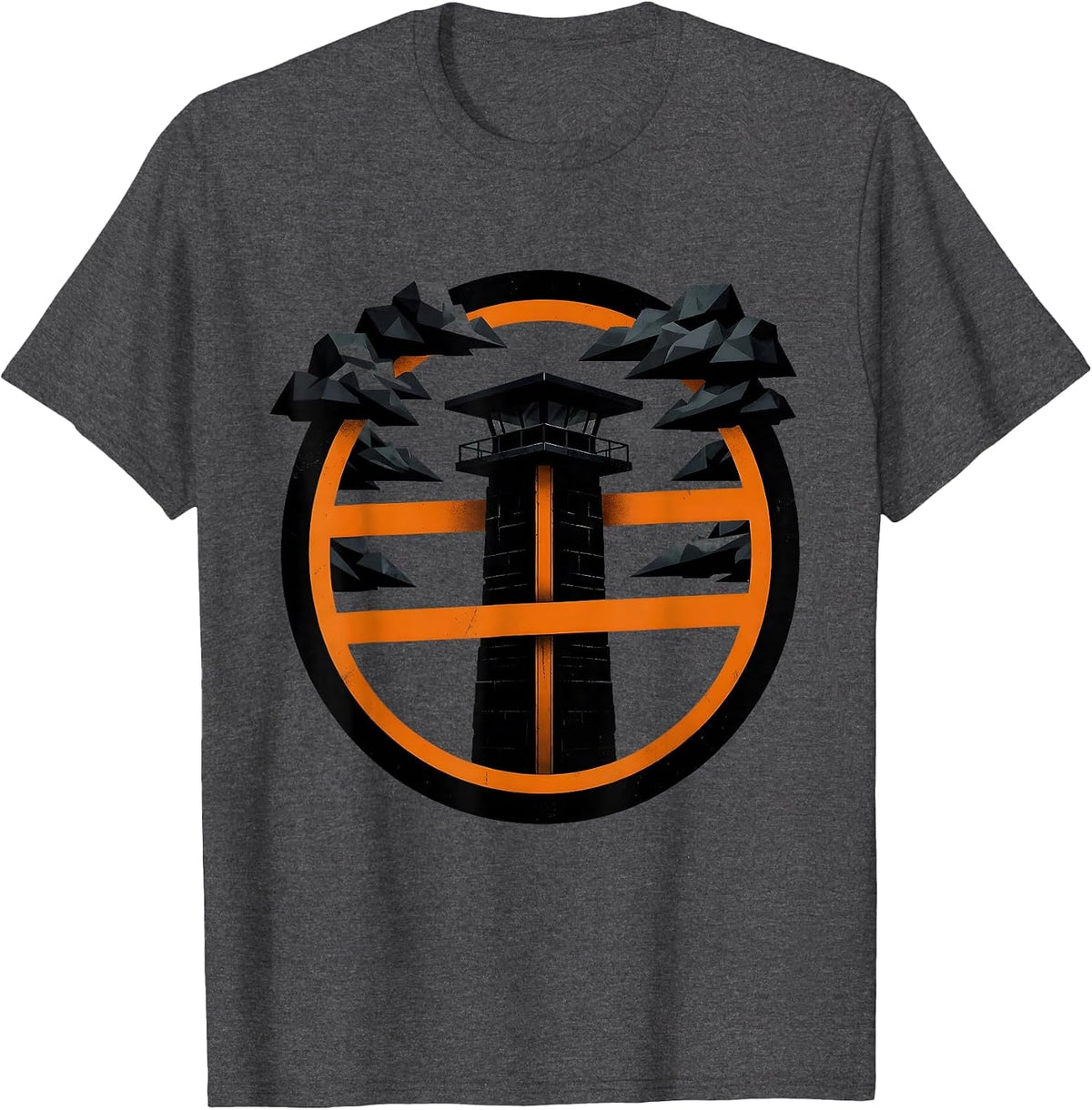 Men's Guard Tower Silhouette Stormy Night Design T-Shirt - Dark Heather Grey