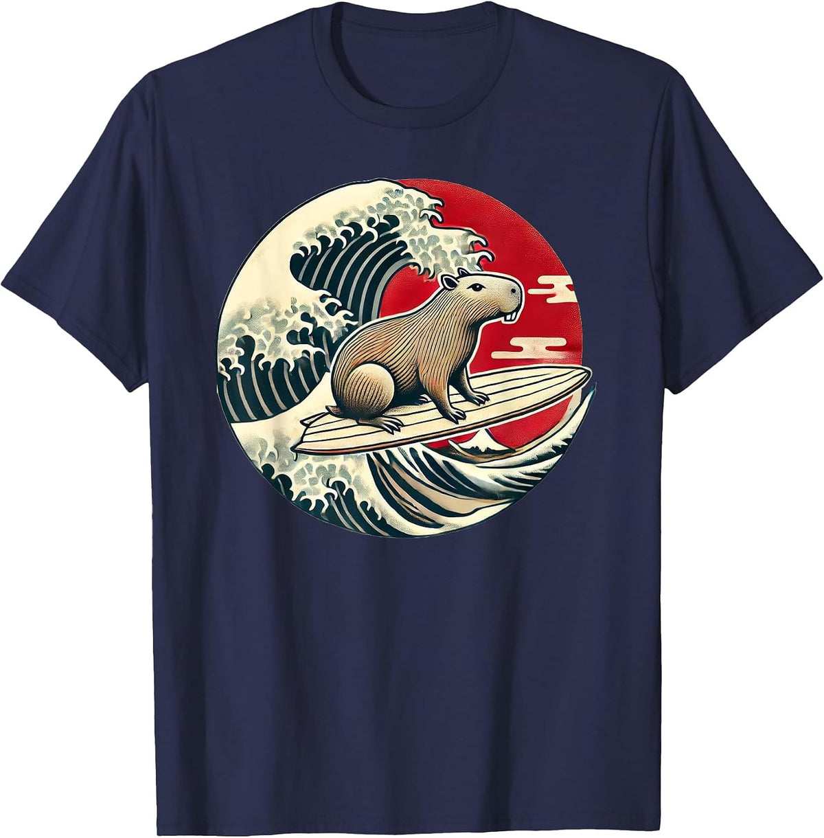 Capybara Japanese Kanagawa Wave Surfing T-Shirt - Navy Blue