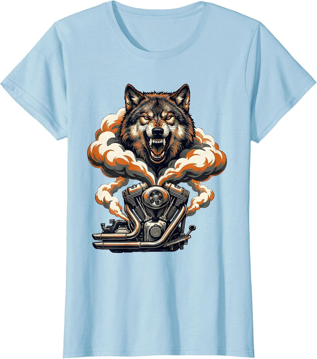 Wolf Head Motorcycle Engine Smoke Graphic T-Shirt - Baby Blue