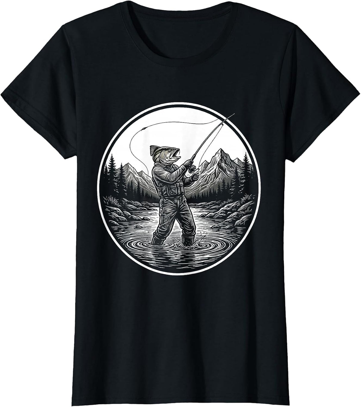 Fly Fishing Angler Casting in Mountain Stream T-Shirt - Black