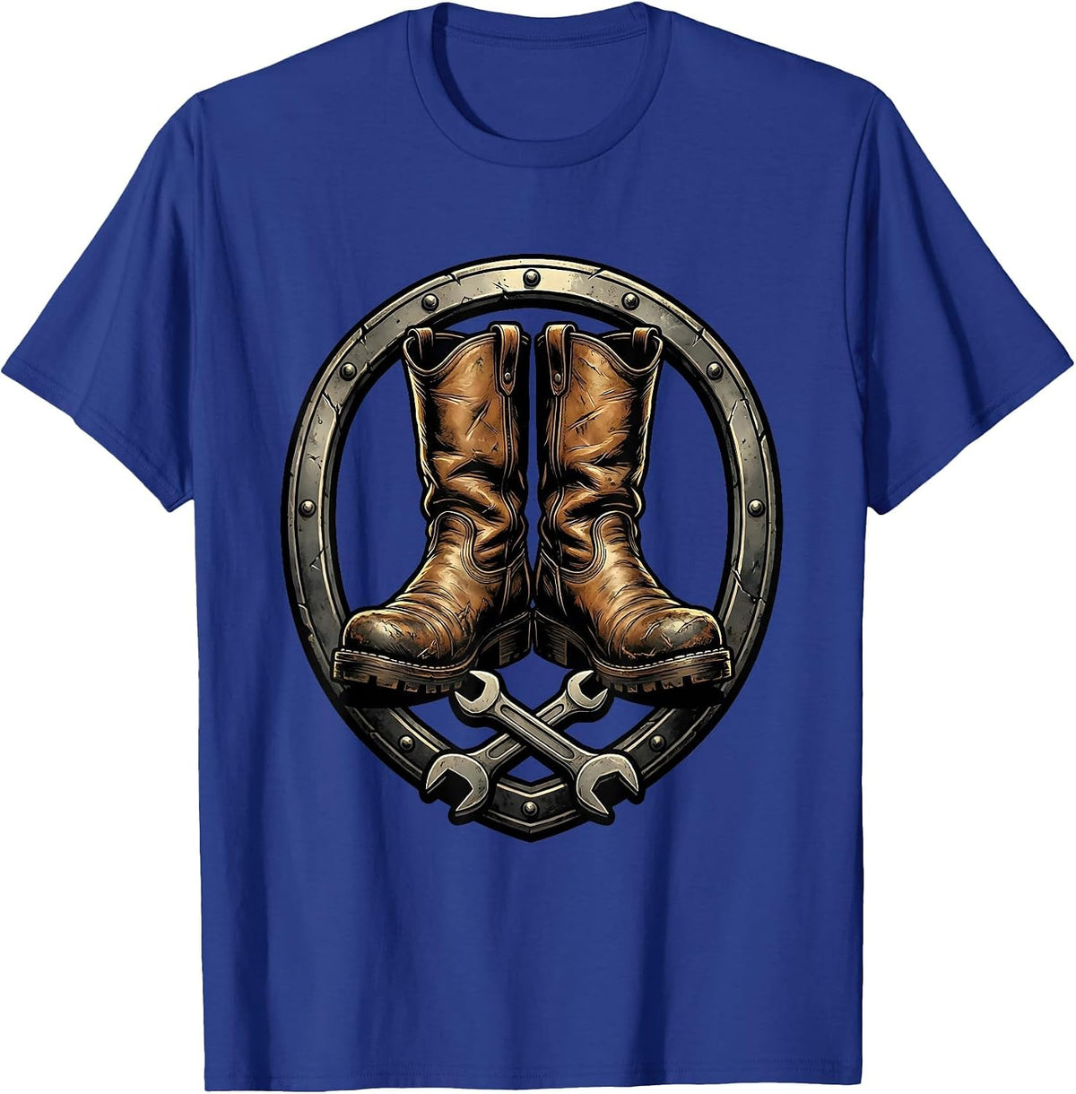 Worn Leather Riding Boots Motorcycle Graphic T-Shirt - Royal Blue