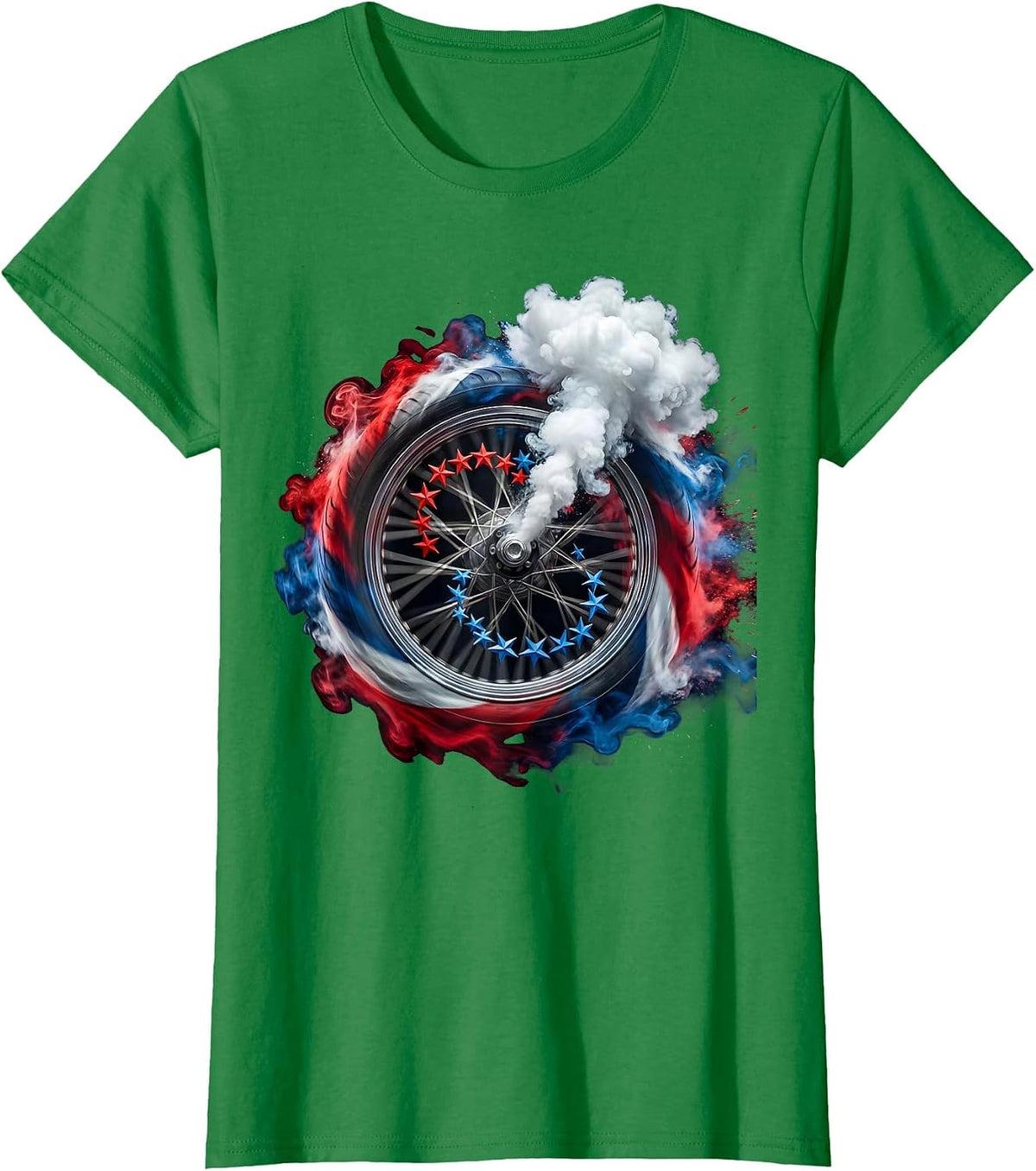 Women's Stars and Stripes Motorcycle Wheel Graphic T-Shirt - Kelly Green