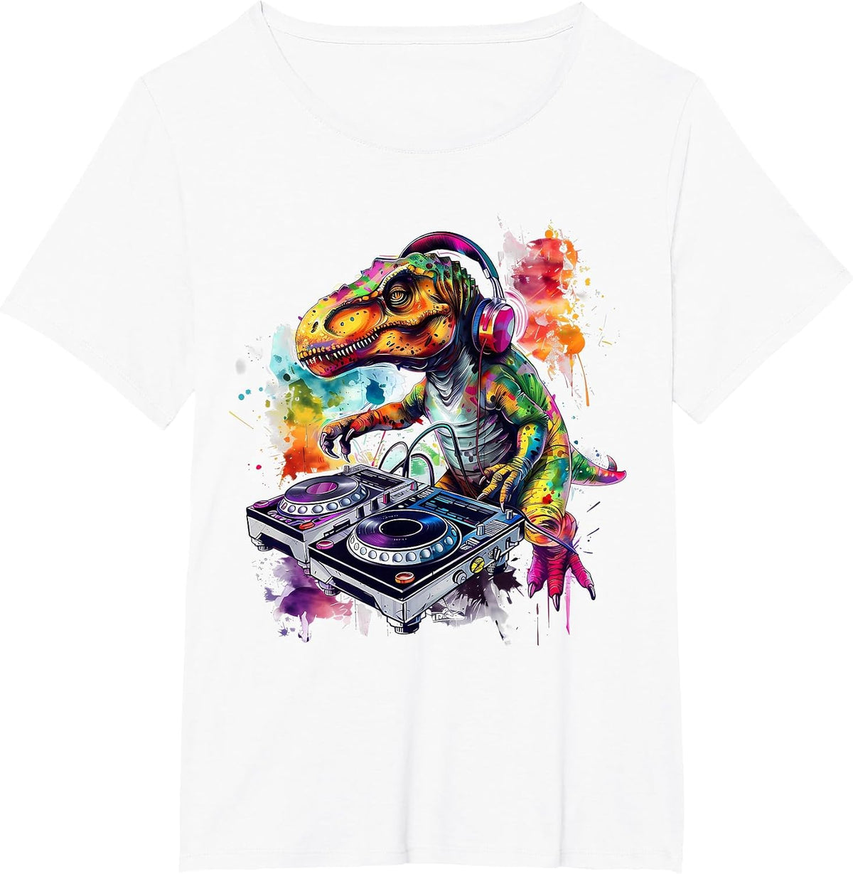 DJ Dinosaur Techno Artwork Turntable DJ Dinosaur Beatmaker T-Shirt - White