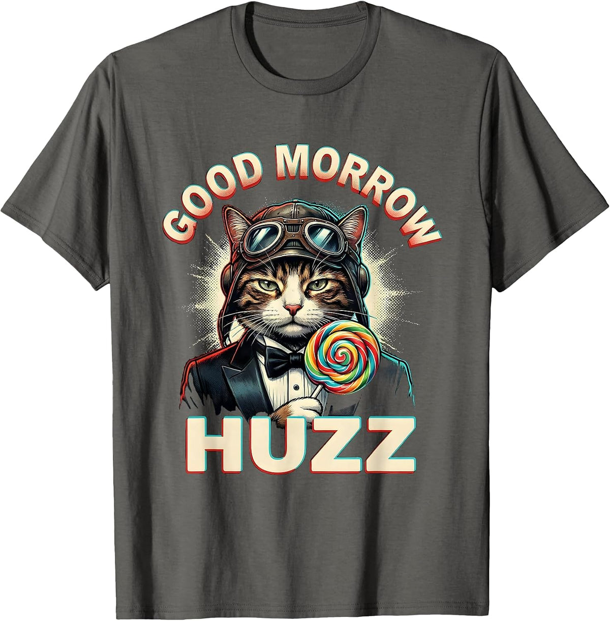 Good Morrow Huzz Pop Art Lollipop Cat Meme Humor T-Shirt - Asphalt Grey