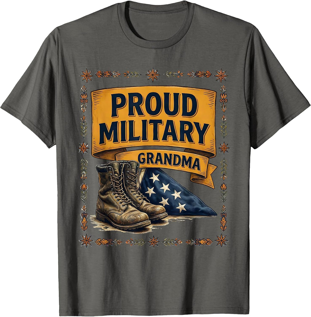 Proud Military Grandma Folk Art Veteran Family Pride T-Shirt - Asphalt Grey