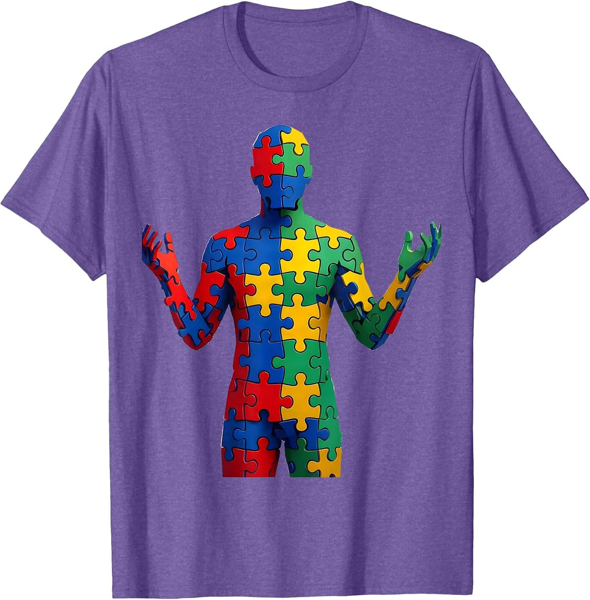 Men's Autism Awareness Colorful Puzzle Piece Silhouette T-Shirt - Purple Heather