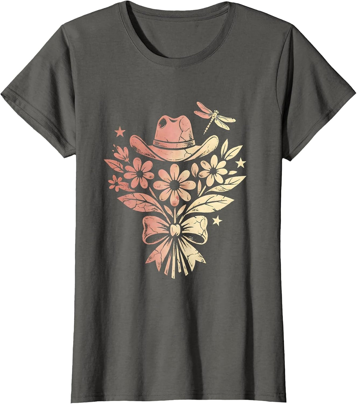 Women's Cowgirl Campfire Starry Night Illustration T-Shirt - Asphalt Grey