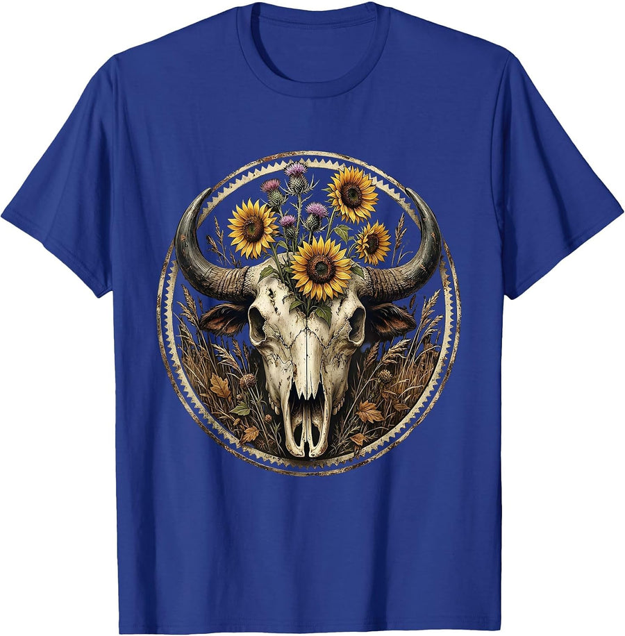 Buffalo Skull Wildflowers Freedom Graphic Design T-Shirt - Royal Blue