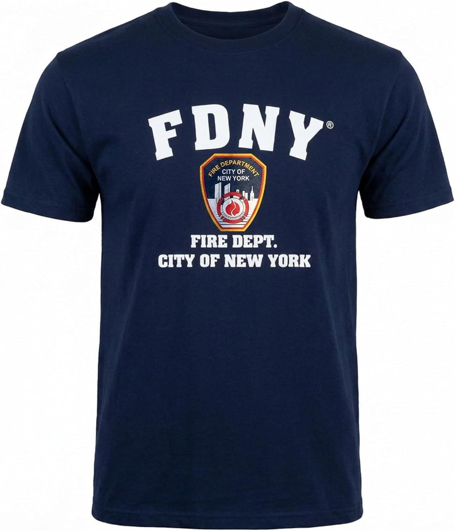 New York Fire Department Style T-Shirt with New York City Logo, NavyBlue - As Pictured