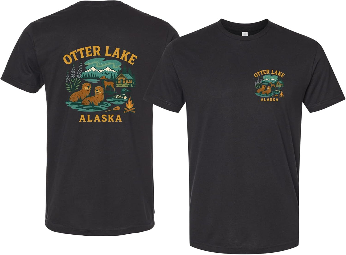 Otter Lake Alaska Keepsake Unisex Cotton Crew Neck T-Shirt - Black Left Chest and Large Back