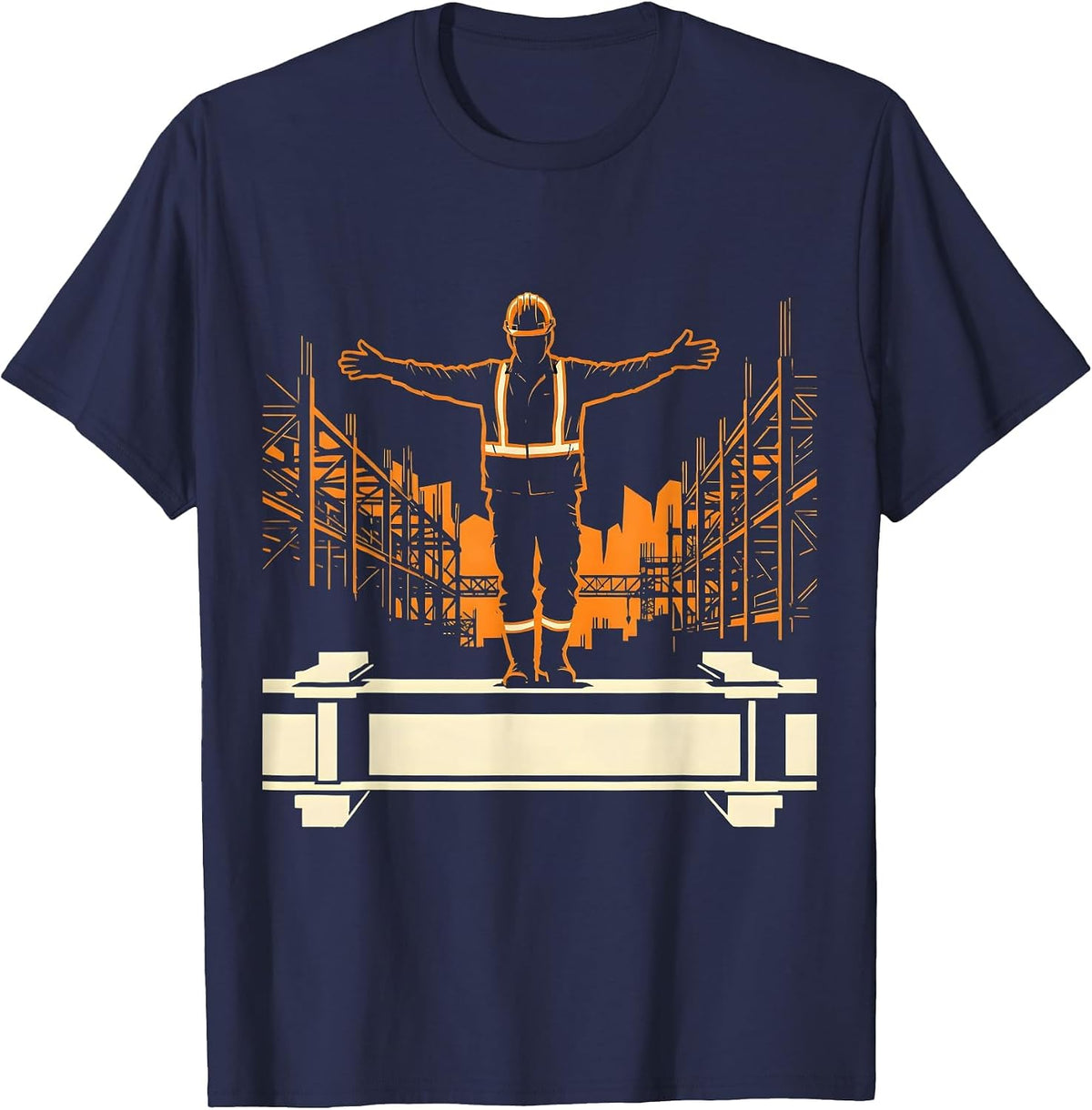 Iron Worker Balancing on Steel Beam Illustration T-Shirt - Navy Blue