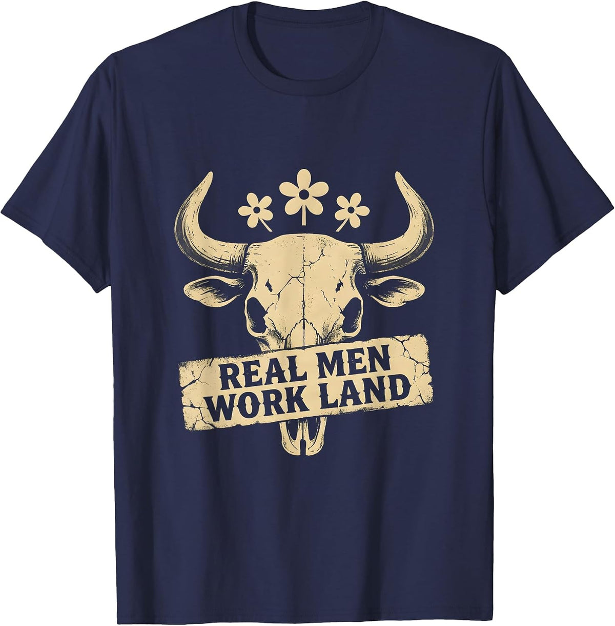 Men's Real Men Work Land Country Life Design T-Shirt - Navy Blue