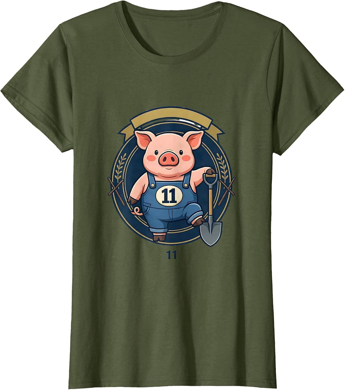 Women's 11 Cute Chibi Pig Emblem Halloween Costume Humor T-Shirt - Olive Green