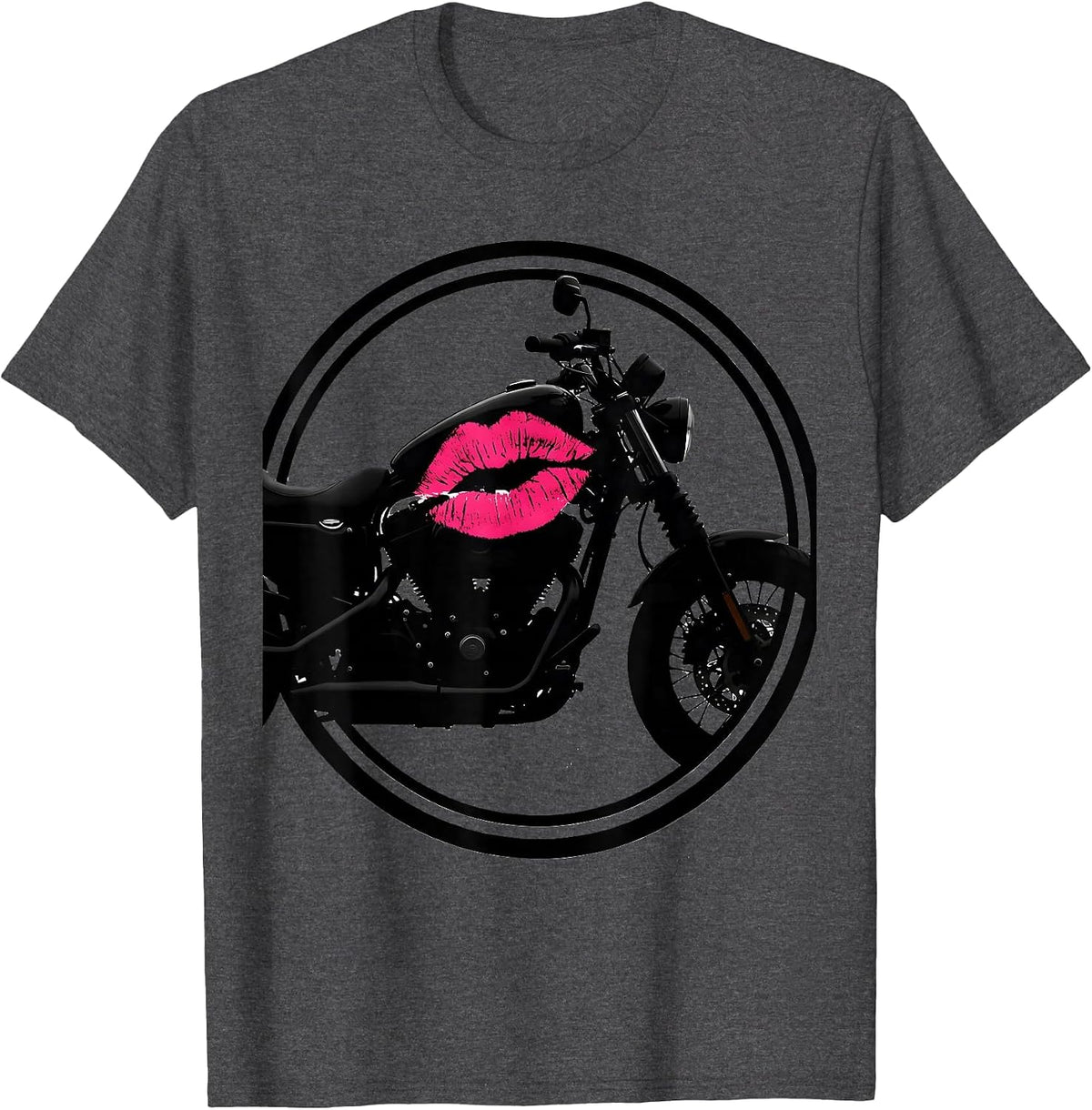 Lipstick Kiss Mark on Motorcycle Gas Tank T-Shirt - Dark Heather Grey