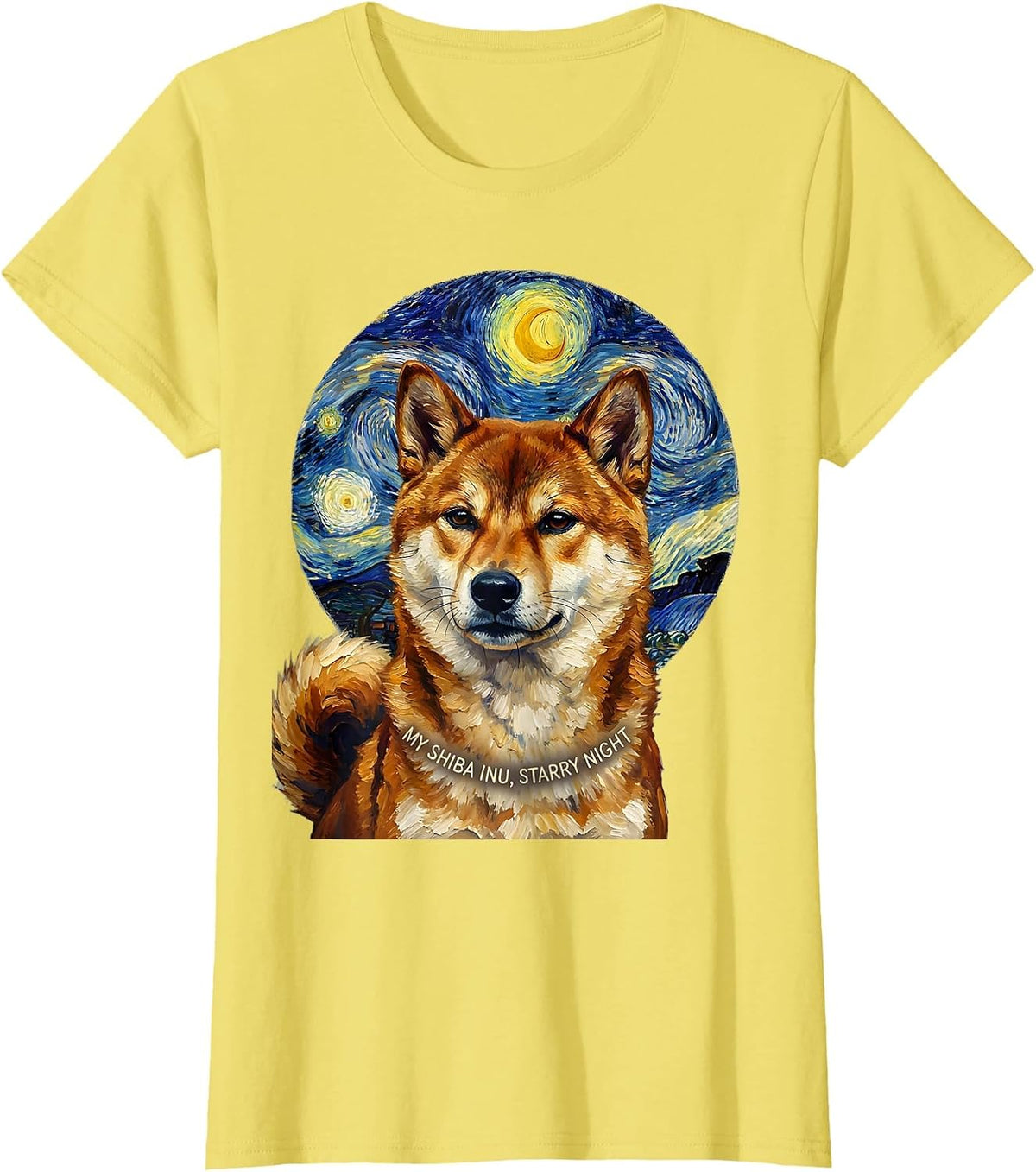 My Shiba Inu Starry Night Van Gogh Style Dog Portrait T-Shirt - Lemon Yellow