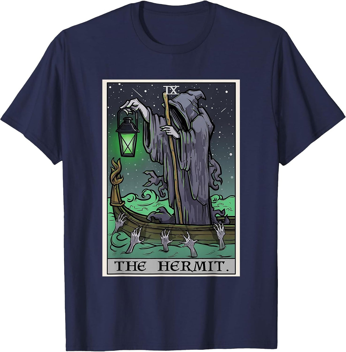 The Hermit Tarot Card Gothic Halloween Grim Reaper Horror T-Shirt - Navy Blue
