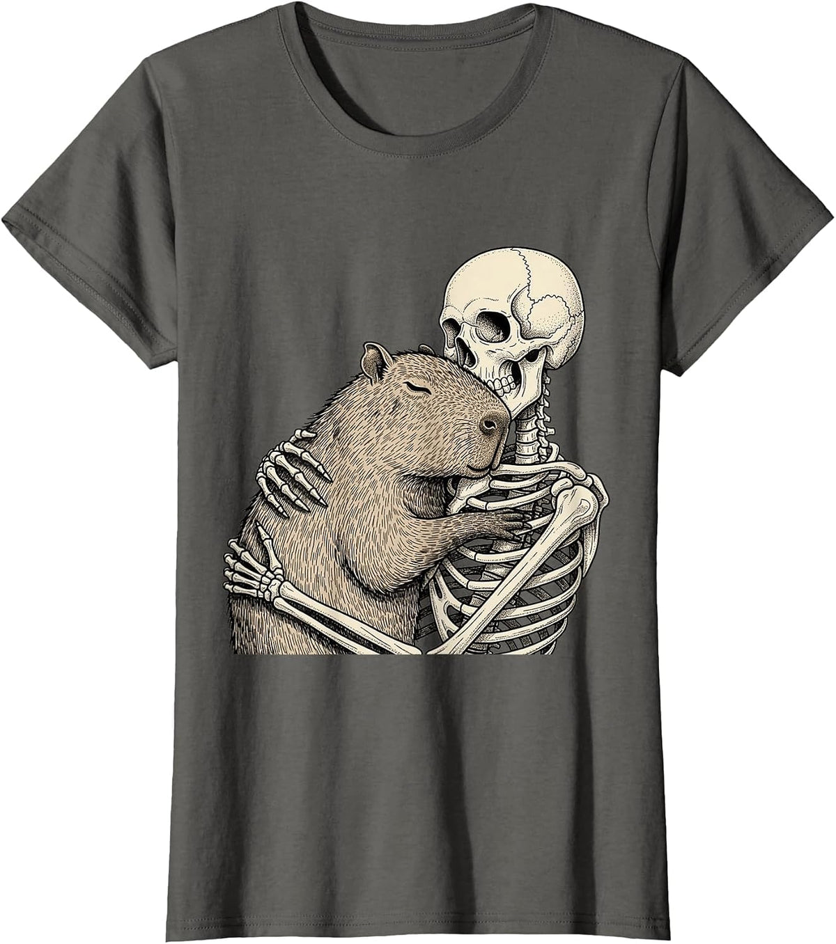 Skeleton Hugging Capybara Halloween Capy Lover Spooky Season T-Shirt - Asphalt Grey
