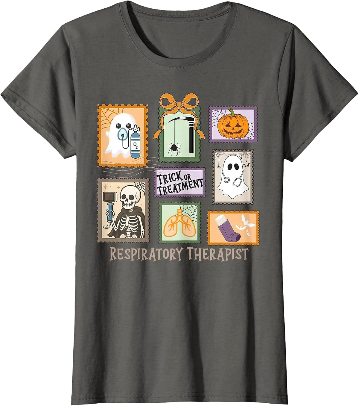 Trick Or Treat Respiratory Therapy Stamp Ghost RT Halloween T-Shirt - Asphalt Grey