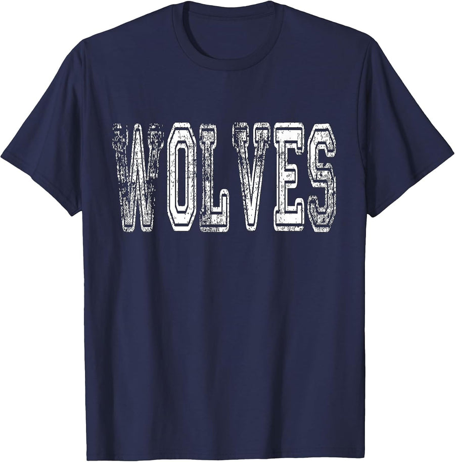 Wolves Mascot Distressed Vintage School Sports Name Fans T-Shirt - Navy Blue