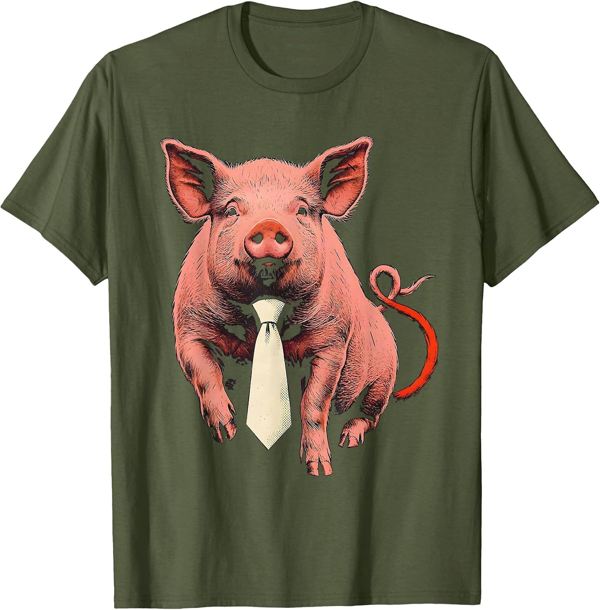 Pig In Tie Funny Farm Animal Lover Novelty T-Shirt - Olive Green