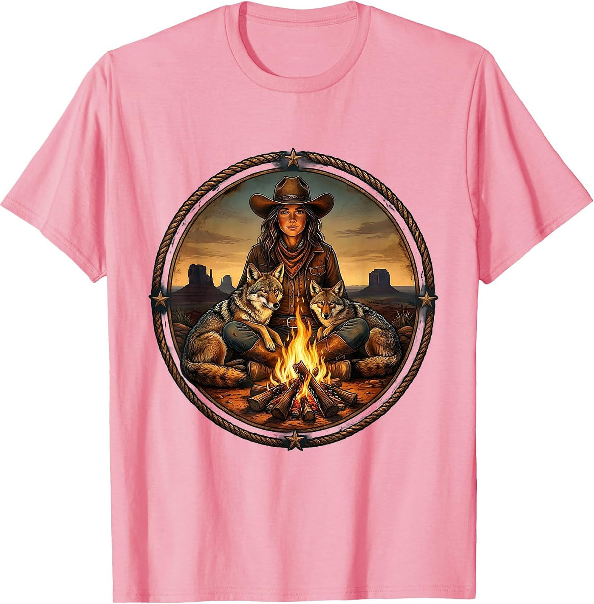 Men's Cowgirl Campfire Coyote Western Night Scene T-Shirt - Pink