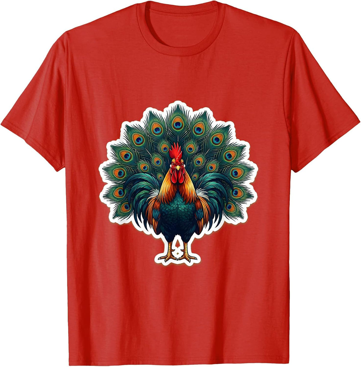 Men's Rooster Peacock Fan Display Graphic T-Shirt - Red