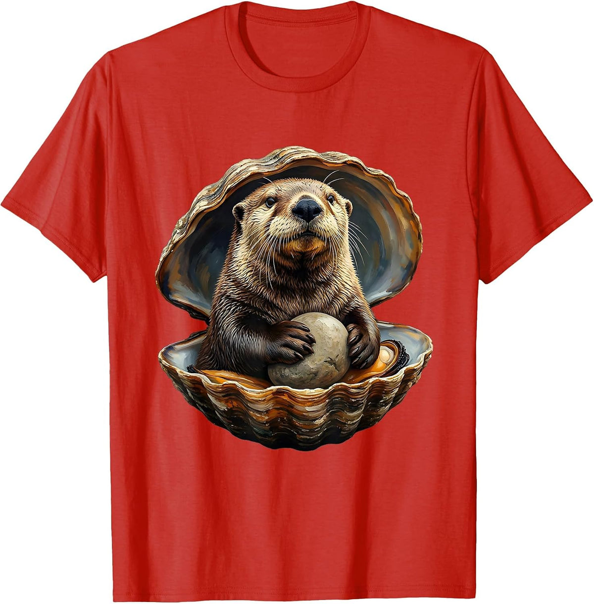 Men's Oversized Sea Otter Gouache Poster Otter Lover Humor T-Shirt - Red