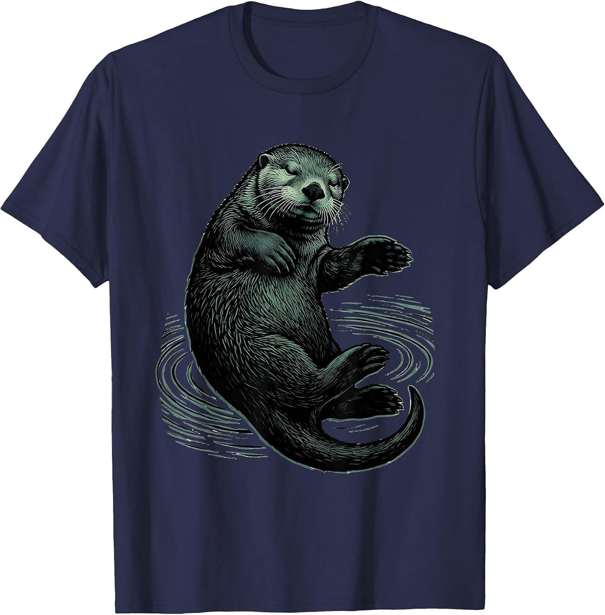 Men's Sea Otter Linocut Nature Lover Humor T-Shirt - Navy Blue