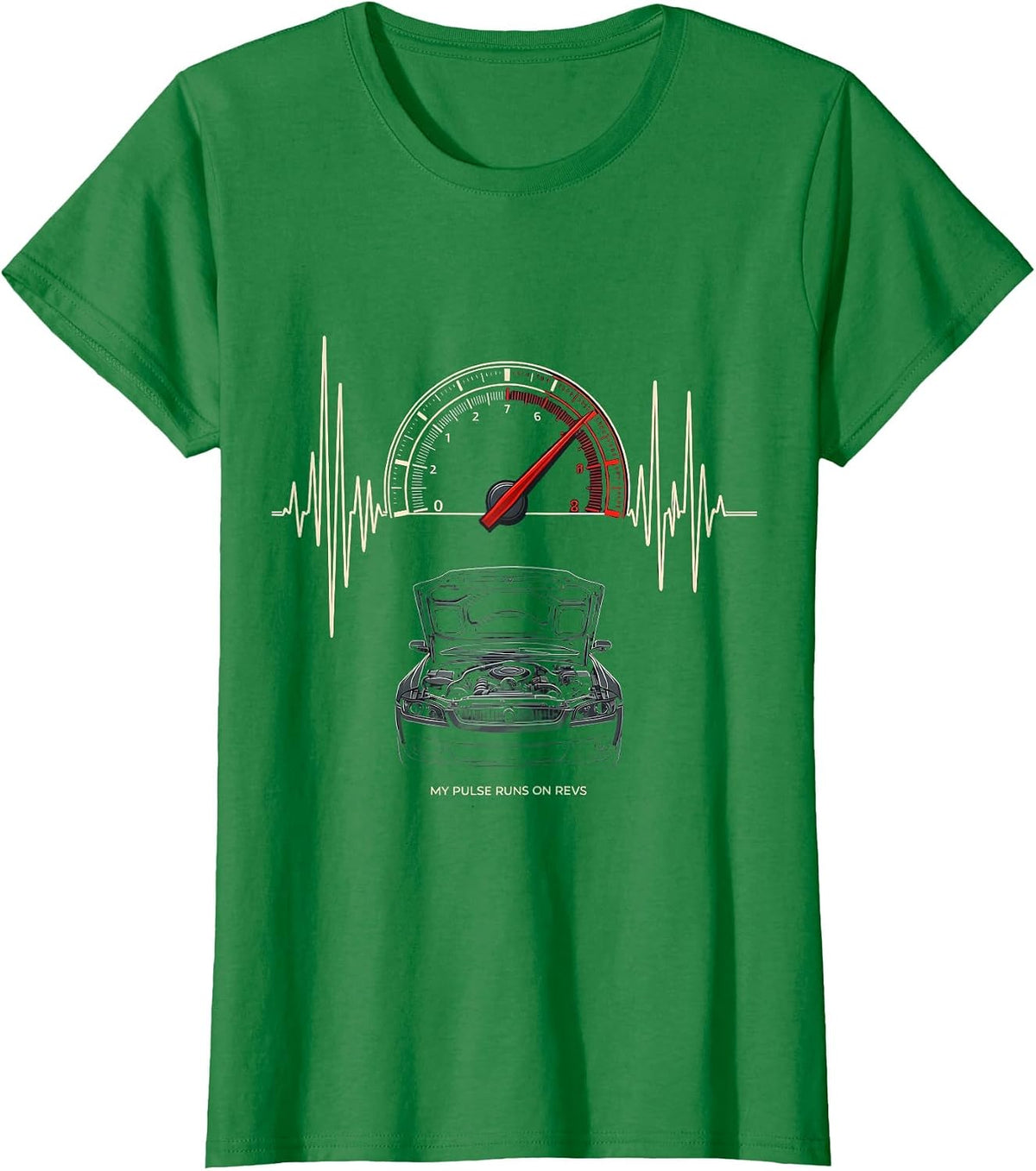 Women's My Pulse Runs On Revs Funny Car Guy Auto Mechanic Humor T-Shirt - Kelly Green