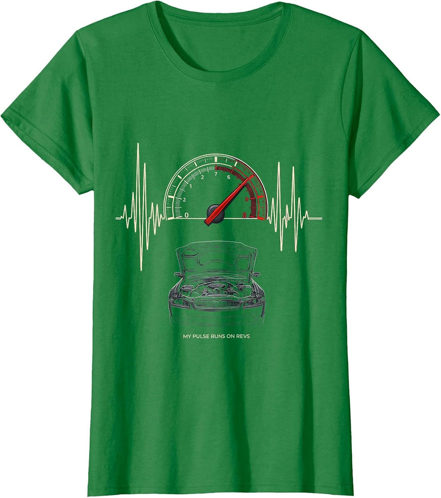 Women's My Pulse Runs On Revs Funny Car Guy Auto Mechanic Humor T-Shirt - Kelly Green