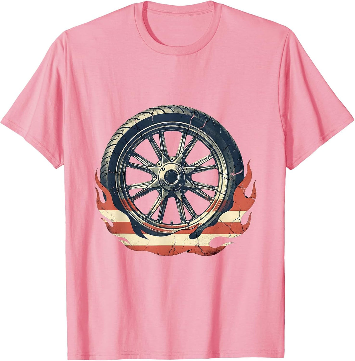 Men's Patriotic Motorcycle Wheel Flag Flame Graphic T-Shirt - Pink