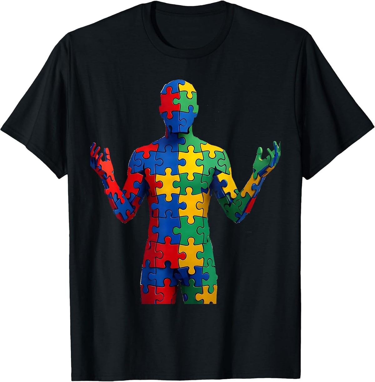 Men's Autism Awareness Colorful Puzzle Piece Silhouette T-Shirt - Black