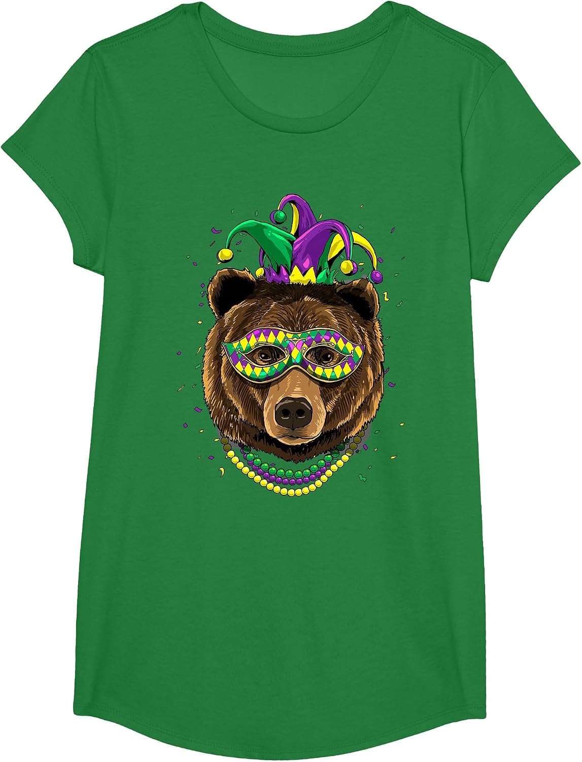 Bear Animal Lover Cute Mardi Gras Carnival Jester T-Shirt, Girls, Kelly Green, Large - As Pictured