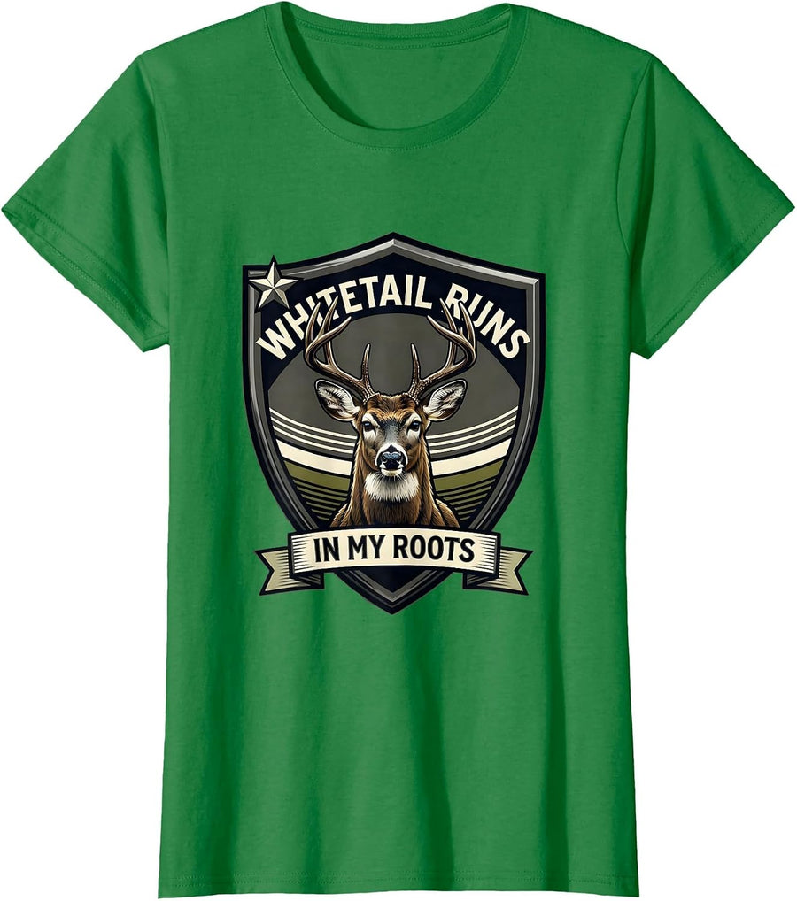 Women's Whitetail Runs In My Roots Patriotic Camo Deer Hunting Dad T-Shirt - Kelly Green