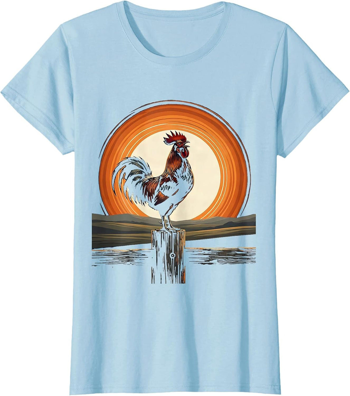 Women's Rooster Crowing on Fence Post Graphic T-Shirt - Baby Blue