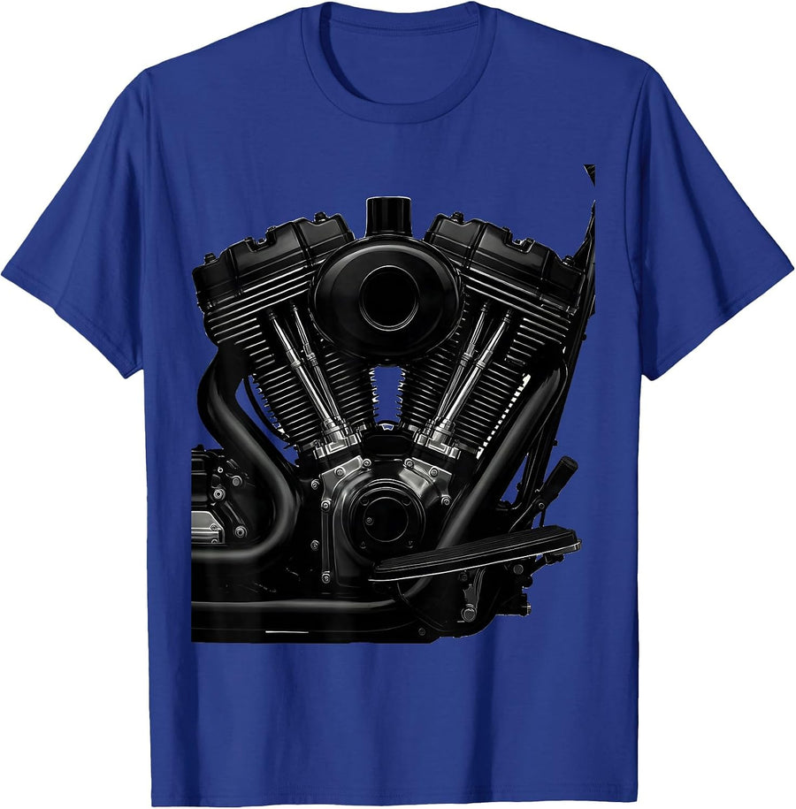 Roaring V-Twin Engine Close-Up Motorcycle Graphic T-Shirt - Royal Blue