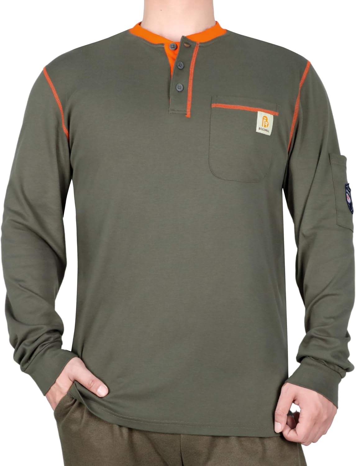 BOCOMAL FR Shirts for Men 5.5oz Long Sleeve Henley Contrast Stitches/Collar - Henley Gray