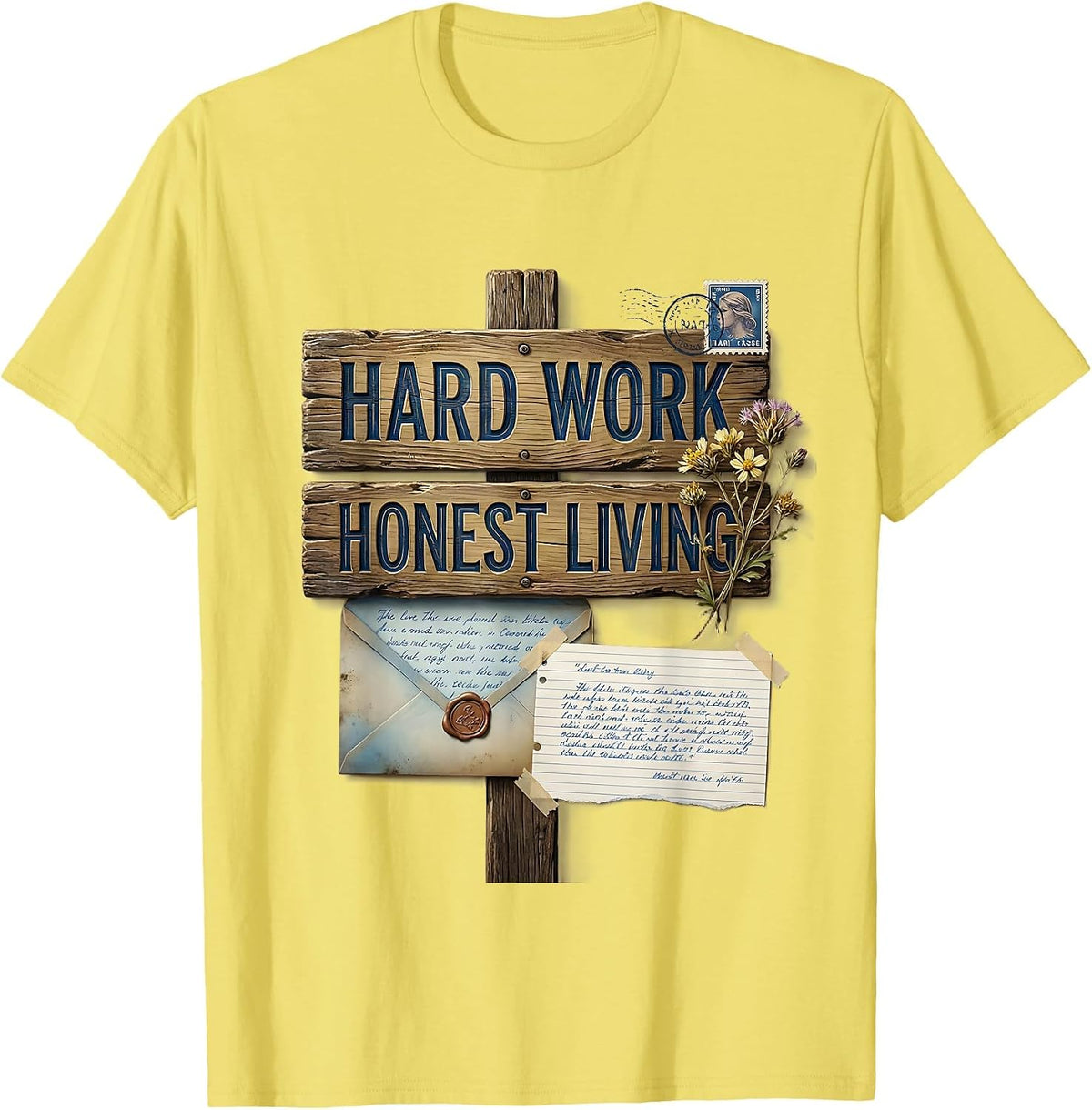 Men's Hard Work Honest Living Cowboy Design T-Shirt - Lemon Yellow