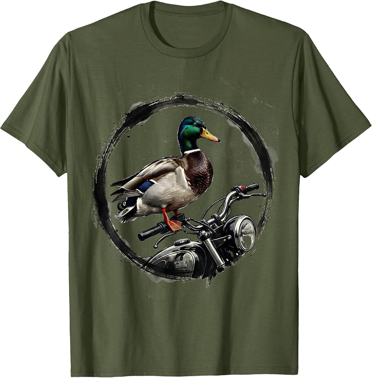 Duck on Vintage Motorcycle Handlebars Graphic T-Shirt - Olive Green